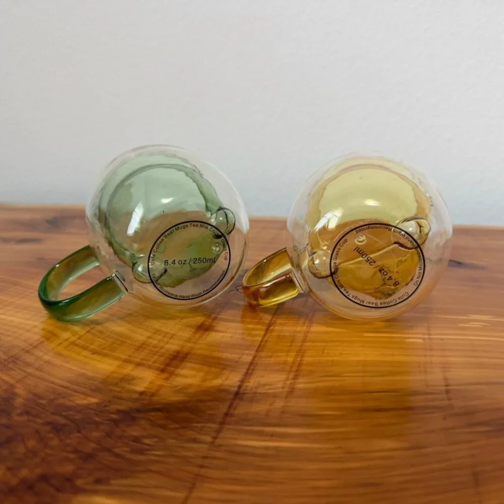 Set of 2, Double Wall Clear Glass 3D Bear (Green/Yellow) Coffee/Tea Mugs.